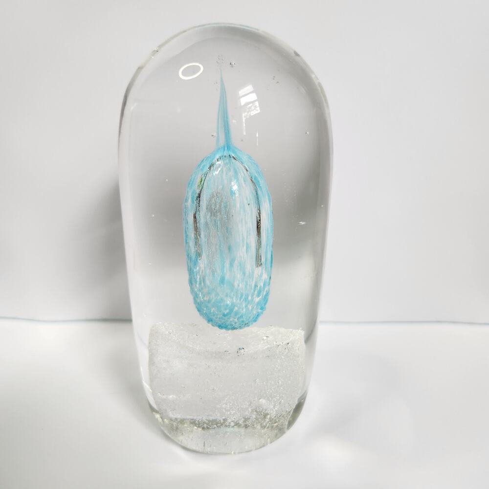 Blown glass paperweight blue bubble